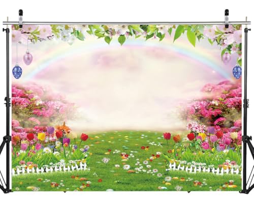 Photo 1 of DHXXSC 8X6FT Easter Backdrop Spring Easter Photography Backdrop Colorful Eggs Rabbit with Rainbow Backdrop Rainbow Nature Scenery Easter Party Banner DH-1110