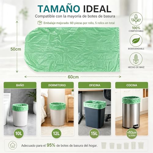 JZCQZCXB Bolsas de Basura 300Pcs, Bolsas para Basura Medianas Biodegradables 50 * 60CM, Gruesas, Inodoras, Grandes, Compostables, ideal para Cocina, Baño, Oficina, Hogar (Verde)