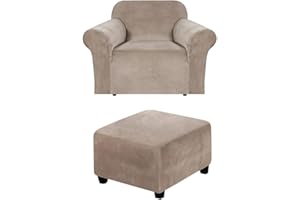 Andreannie Velvet Sand Color Chair Slipcovers Armchair Sofa Covers Chair Couch Covers for Armchair Bundle Ottoman Slipcover (Sand Color)