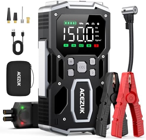 Motor de arranque da bateria do carro 8000A, compressor de ar de 150PSI, motor de arranque para o veículo (todo a gasolina ou diesel de 10L), arranque de 12V com LED de 400 lúmens