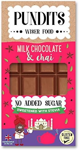Pundits - Milk Chocolate & Chai Bar - with Natural Stevia Sweetener by Pundits | Healthy, Irresistibly Tasty Chocolate | Suitable for Diabetics | Low Carb, Gluten & No Added Sugar | Sweet Delight with Zero GI for Kids & Adult - NO ADDED SUGAR