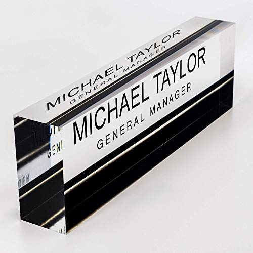 Artblox Office Desk Name Plate Personalized - Printed on Premium Clear Acrylic Glass Block Unique Designer Name Plates for Desks Accessories - (8"x2.5") - Black Stripe