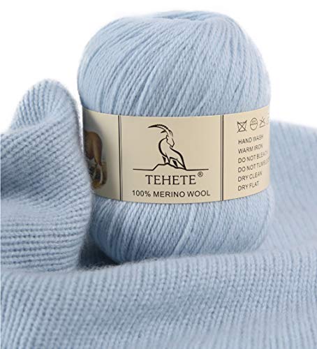 TEHETE 100% Merino Wool Yarn for Knitting and Crochet 3ply 50g 250m Soft and Luxurious - Sky Blue