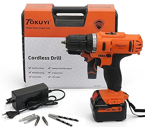 TOKUYI 20V MAX 1500mAh Lithium-Ion Cordless Drill Driver Kit, 3/8 Keyless Chuck,2-Speed, LED Light with Advance Battery Cell and Charger
