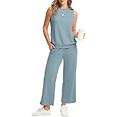 WIHOLL Two Piece Set for Women Summer Outfits Vacation Lounge Sets Round Neck Matching Sets Wide Leg Crop Pants