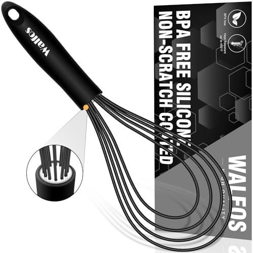 Walfos Silicone Flat Whisk,11inch Flat Whisk Non Scratch Coated Flat Whisks for Cooking.Great for Ceramic Coated pans and Wider shallower pots.Black