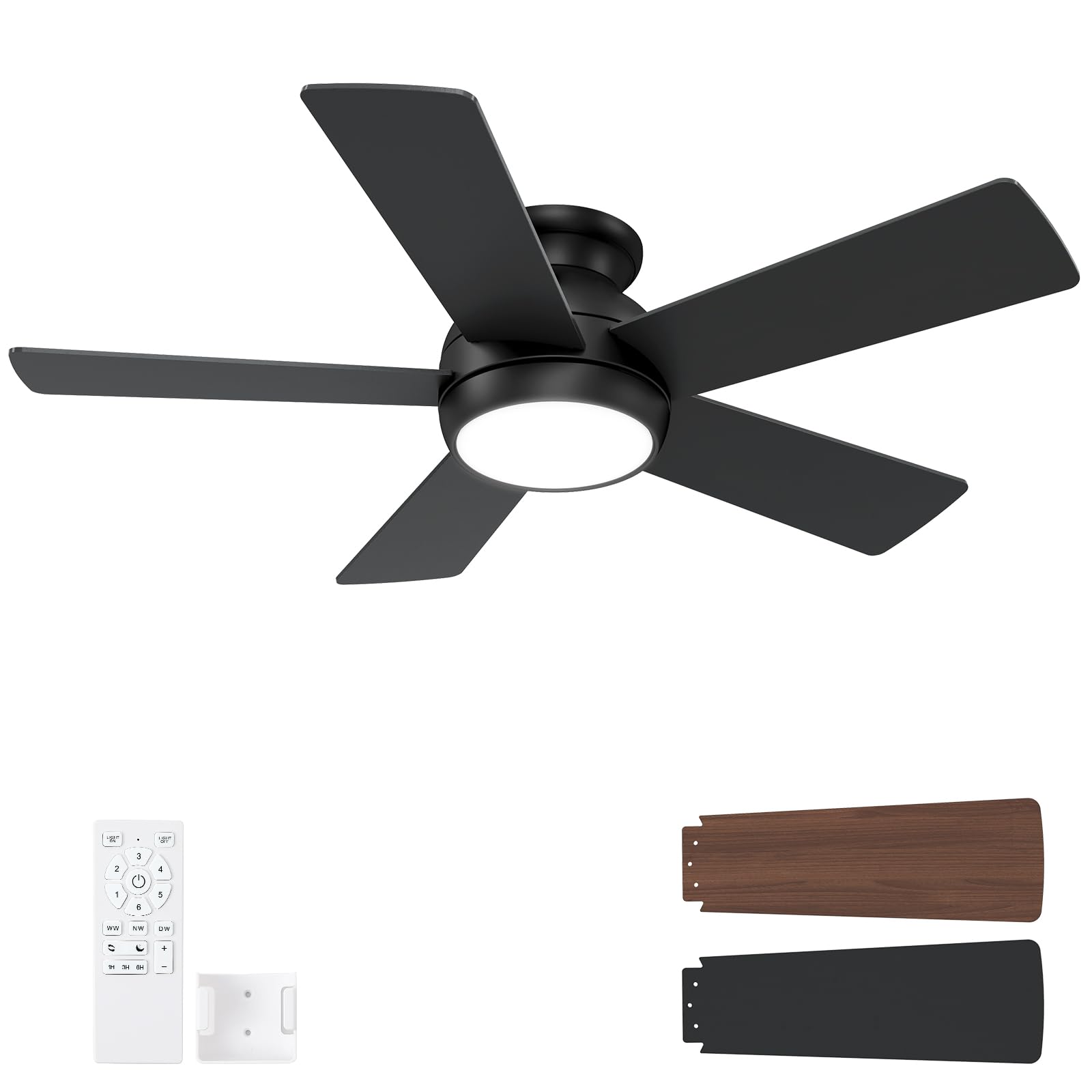 Photo 1 of POCHFAN 42 Inch Black Ceiling Fans with Lights and Remote, LED Low Profile Flush Mount Ceiling Fan for Bedroom, Living Room, Patio, Quiet DC Motor, 5 Blades