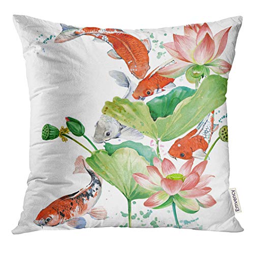 Golee Throw Pillow Cover Colorful Fish Watercolor Koi Carp and Lotus Flower Pink Animal Asia Decorative Pillow Case Home Decor Square 16x16 Inches Pillowcase