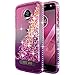 Moto Z2 Play Case with Tempered Glass Screen Protector (Full Coverage) for Girls Women, NageBee Glitter Liquid Bling Floating Waterfall Shockproof Cute Case for Motorola Moto Z2 Play -Pink/Purple