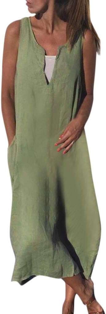 FeiXing158 2019 V Neck Sleeveless Casual Solid with Pocket Cotton and Linen Long Dress Lady Off Shoulder Dress-in Dresses from