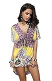 Wander Agio Womens Lace Short Sleeves Princess Dress Printing Beach Cover-up Yellow,One Size
