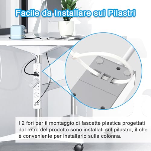 TOPREK Electrical Power Strip with 4 Universal Sockets ITA 10/16A and Schuko and 2 USB C and 2 USB A, 2 Metres 90° Elbow Plug, 4000W/16A, Multi Socket with Switch (Equipped with 2 Plastic Ties)
