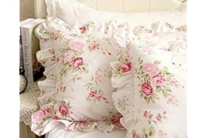 FADFAY Shabby Pink Rose Floral Print Pillowcases Elegant Country Style Vintage Lace Ruffles Bedding Pillow Covers Standared Size 19" x 29"