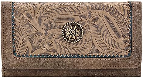 AMERICAN WEST BANDANA LEATHER GUNS AND ROSES FLAP LADIES WALLET ECRU SAGE