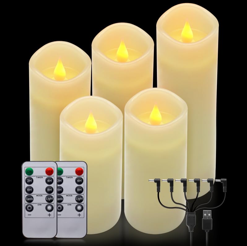 ALED LIGHT Real Wax Rechargeable Flamless Candles Flickering Realistic,Warm White Rechargeable LED Pillar Candles with Remote for Home Decor Idea Gift，Pack 5(D 2.2”X H 5”5.5”6”7”8”)