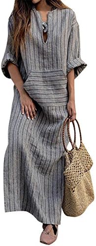 Jancure Plus Size Fashion Women Long Kaftan Striped Long Sleeve Loose Maxi Dress
