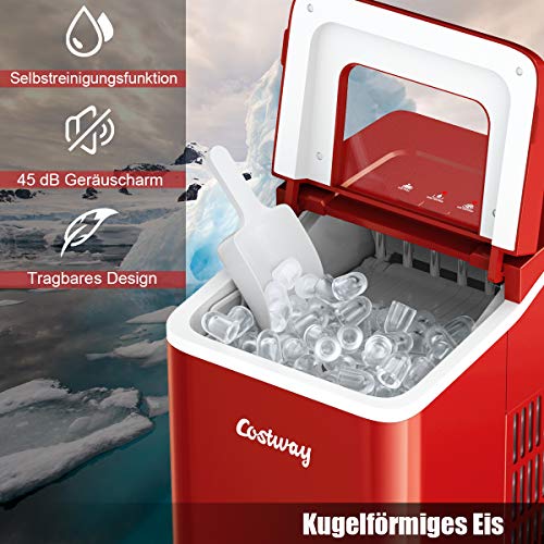 COSTWAY Eiswürfelmaschine Ice Maker 12KG/24H, Eismaschine Eiswürfelbereiter inkl. Eiswürfelschaufel / 9 Eiswürfel in 8 min / 1,6L Wassertank / 120W / 31x22x30cm (Rot) – Bild 3