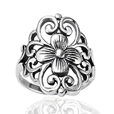 Chuvora 925 Sterling Silver 19 mm Floral Filigree Flower Polished Finish Wide Band Ring - Nickel Free