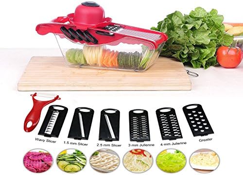 Spiralizer Vegetable Slicer Cutter-6 Interchangeable Blades with Peeler, Prevented slipping, Hand Protector,Storage Container - Cutter for Potato,carrots, Onion, Cucumber,Cheese etc