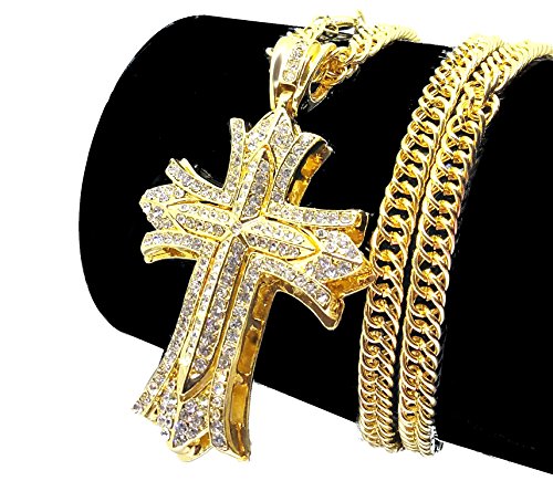 Iced Out CZ Cross 14K Hip Hop Gold Plate Jewelry Bling Bling Pendant Necklace 30