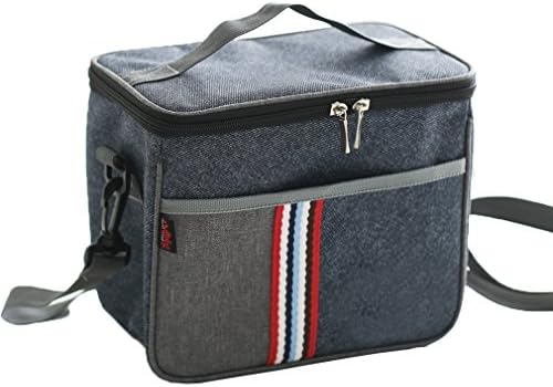 Insulated Lunch Tote Bag Cooler Bags for Men Women Kids Reusable Foods Boxes Organizer Holder Container Handbag with Adjustable Strap Front Pocket Bag (Navy-grey Top Zipper, 9" L x 5.3" W x 7.9" H)