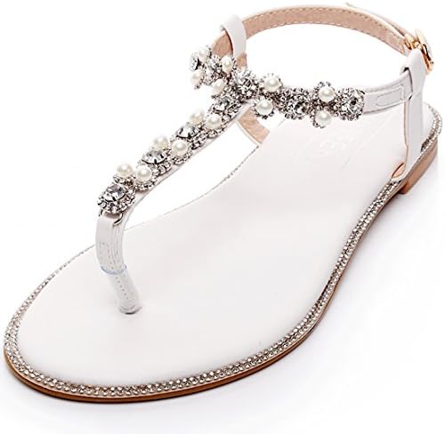 LUXVEER Beach Wedding Shoes, Women Bead Pearls Beach Flat Bride Wedding Dress Sandals for Party