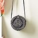 AOLVO Rattan Purse for Women Handwoven Round Rattan Bag Straw Beach Bag with Leather Straps - Black Retro Natural Straw Tote Bag Crossbody Bag Gift for Ladies