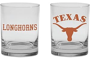 R.F.S.J. Inc 2-Sided Color Rock, Whiskey or Old Fashion Glasses - Boxed Set of 2. (Texas Longhorns)