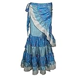 Mogul Interior Women's Ruffled Wrap Skirt Blue Silk Sari Belly Dance Skirt M