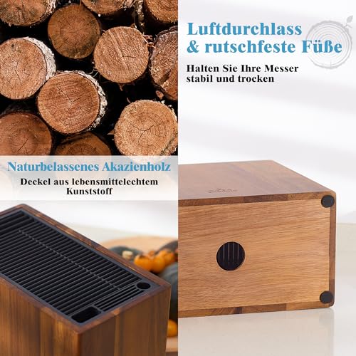 ENOKING Knife Block without Knife Made of Acacia Wood, Universal Knife Block with Plastic Lid, High-Quality Knife Holder for Knives and Poultry Shears/Sharpening Steel