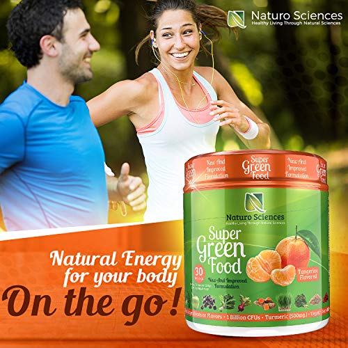 100% Natural Greens Powder, Over 10 Hard to Get Superfoods, Greens Supplement Powder 1 Month's Supply, Green Organic Blend with 1 Billion CFU Probiotics and 500mg Turmeric, Tangerine Flavor, 30 Svgs.