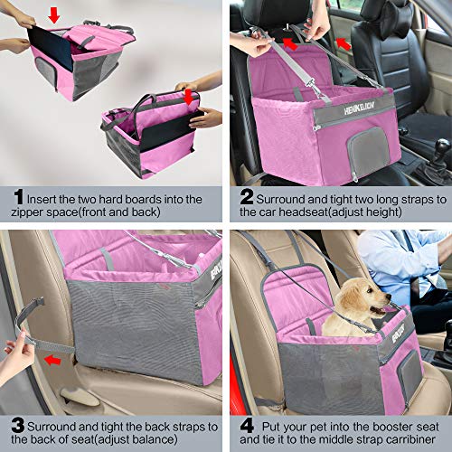 Henkelion Pet Dog Booster Seat, Deluxe Pet Booster Car Seat for Small Dogs Medium Dogs, Reinforce Metal Frame Construction, Portable Waterproof Collapsible Dog Car Carrier with Seat Belt - Pink