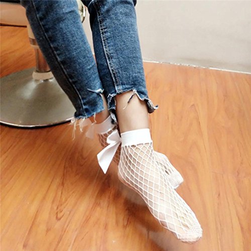 Napoo Clearance Women Mesh Ruffle Bowknot Fishnet Socks Ankle High Lace Short Socks (C)
