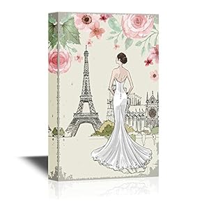 Lady With Eifel Tower And Flowers - Canvas Art