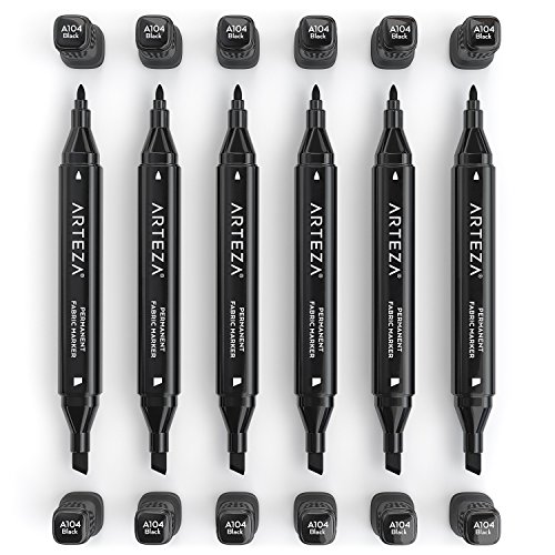 Arteza Black Fabric Markers, Set of 6, DualTip Permanent Laundry Pen