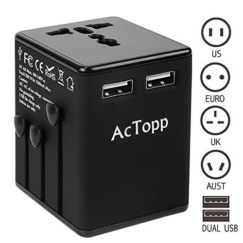 AcTopp World Travel Adapter Universal Travel Charger, International Plug Travel Converter [US UK EU AU China] with Dual 2.5A USB Charging Ports & Universal AC Socket, Safety Fused (Black)
