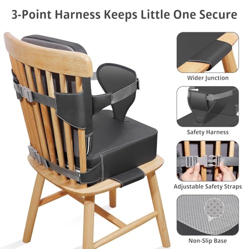 YOOJ® Toddler Booster Seat for Kitchen Chair, 2-in-1 Dining Table Booster Seat with Backrest & Adjustable Straps, PU Portable Toddler Eating Travel Increasing Cushion, Easy to Clean (Dark Grey)