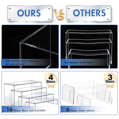 Aheroi Display Risers, 16 Pcs 4 Set Acrylic Riser Display Shelf, Clear Risers Display Stands, Rectangular Acrylic Risers for Decor Display, Cupcake Funko Candy Shoe Showcase Stands(1-3-4-5IN) | Clear Risers Display Stands, Acrylic Display Shelf,Dessert Table Display Set Cupcake Candy Shoe Showcase Stands (7”L~8”L~9”L)