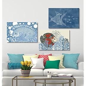 3 Panel Hand Drawn Colorful Fish in The...
