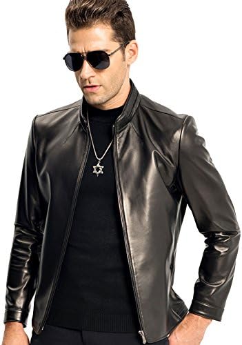 Men's Short Leather Jacket Luxury Genuine Sheepskin Coat Autumn Men Motorcycle Jacket (XS, Black)