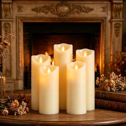 Da by - LED Candles, Set of 5 Decorative Candles (14cm, 15cm, 16cm, 18cm, 20cm), 10 Touch Flameless Candle, Flashing LED Flame, Made of Real Wax