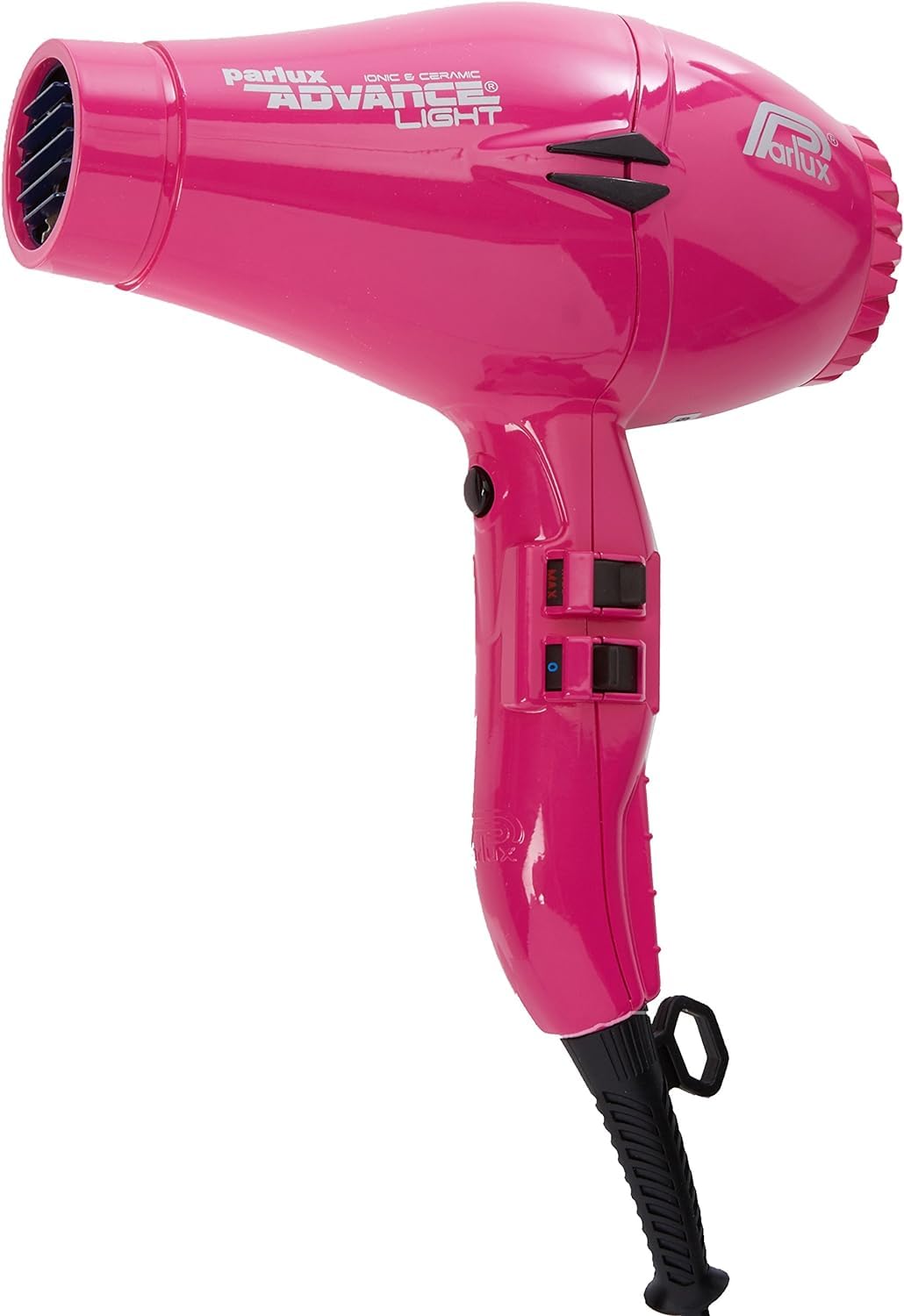 Parlux Advance Light Ionic and Ceramic Hair Dryer in Pink Fuscia. Powerful, Quiet Lightweight Blow Dryer with 2 Speed Controls, 4 Heat Settings & 2 Nozzle Attachments. Made with Recycled Materials.