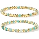 SHINUS BOHO Dainty 14K Gold Plated Gemstone Beaded Stack Bracelets for Women,Stackable Bohemian Beads Bracelet Healing Stretch Trendy Ball Jewelry Friendship Accessories Gift