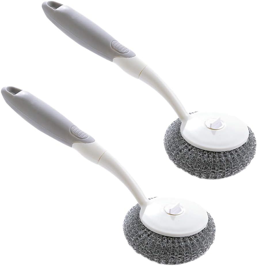Hemoton Wire Dish Brush Stainless Steel Scourer Scrub Pad with Long Handle Cleaning Brush Stainless Steel Wire Scrubbers for Scouring Cleaning Steel Wire Balls 2PCS
