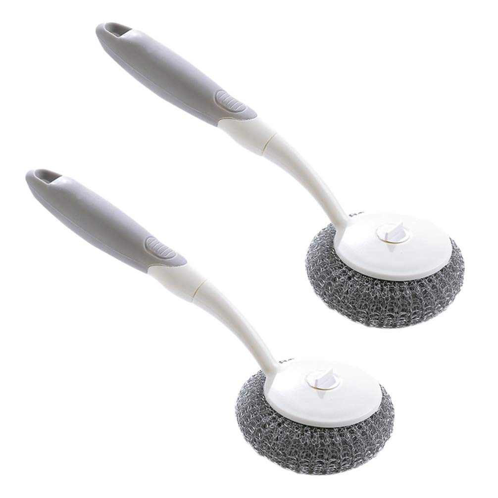 Hemoton Wire Dish Brush Stainless Steel Scourer Scrub Pad with Long Handle Cleaning Brush Stainless Steel Wire Scrubbers for Scouring Cleaning Steel Wire Balls 2PCS