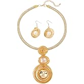 Large Spiral Pearl Rhinestone Pendant Necklace Earring Set for Women Handmade Chunky Statement Collar Choker Fashion Ethnic Tribal Wire Wrapped Adjustable Rope Chain Banquet Party Dress Jewelry