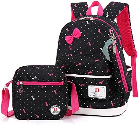SusuTOP Girls School Backpacks Shoulder Book Bag + Lunch Bag/Pencil Case Set (Black)