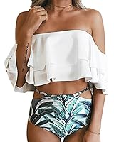 FOMANSH Women Two Piece Off Shoulder Ruffled Flounce Bikini Swimsuit Bathing Suit White Medium(US 4-6)