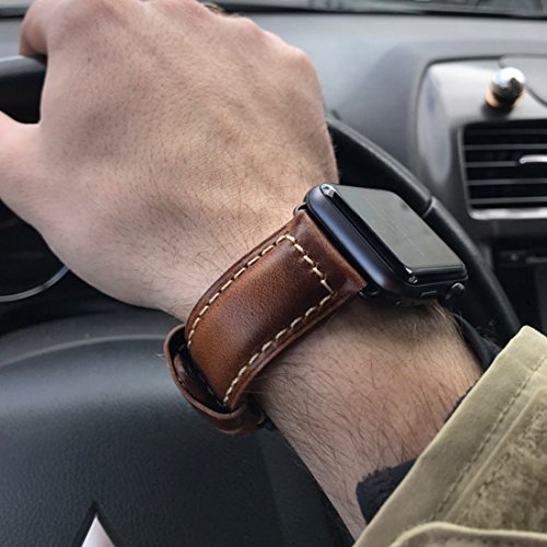 MAIKES Oil Wax Leather Strap Replacement for Apple Watch Band 44mm 40mm 42mm 38mm Series 4 3 2 1 iWatch Watchband Compatible with Apple Watch(42mm, Light Brown+Silver Buckle)