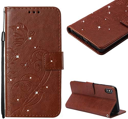 Cistor Strap Wallet Case for iPhone Xs Max,Stylish Bling Diamond Embossed Flower Butterfly Flip Cover Shockproof PU Leather Stand Case with Card Slot Magnetic Closure for iPhone Xs Max,Brown